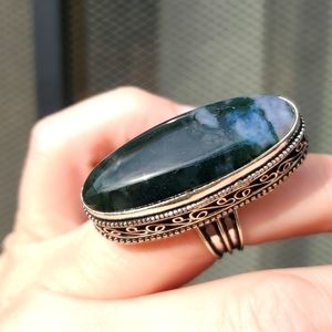 New Huge Moss Agate 925 Silver Statement Ring.
